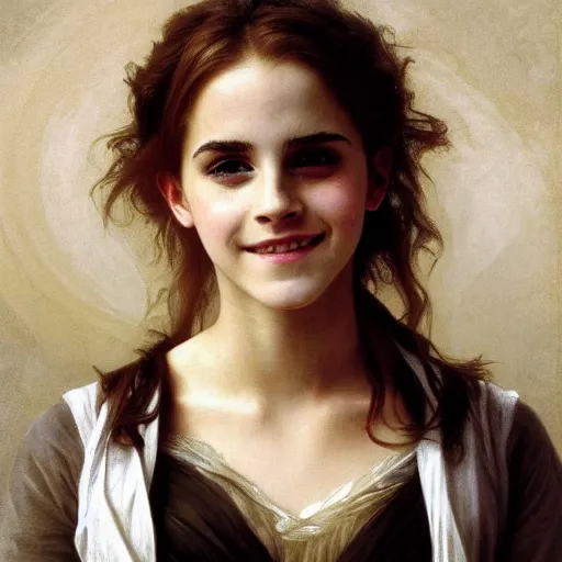 Image similar to Painting of Emma Watson as Hermione Granger. Smiling. Happy. Cheerful. Art by william adolphe bouguereau. Extremely detailed. Extreme close up. Beautiful. 4K. Award winning.