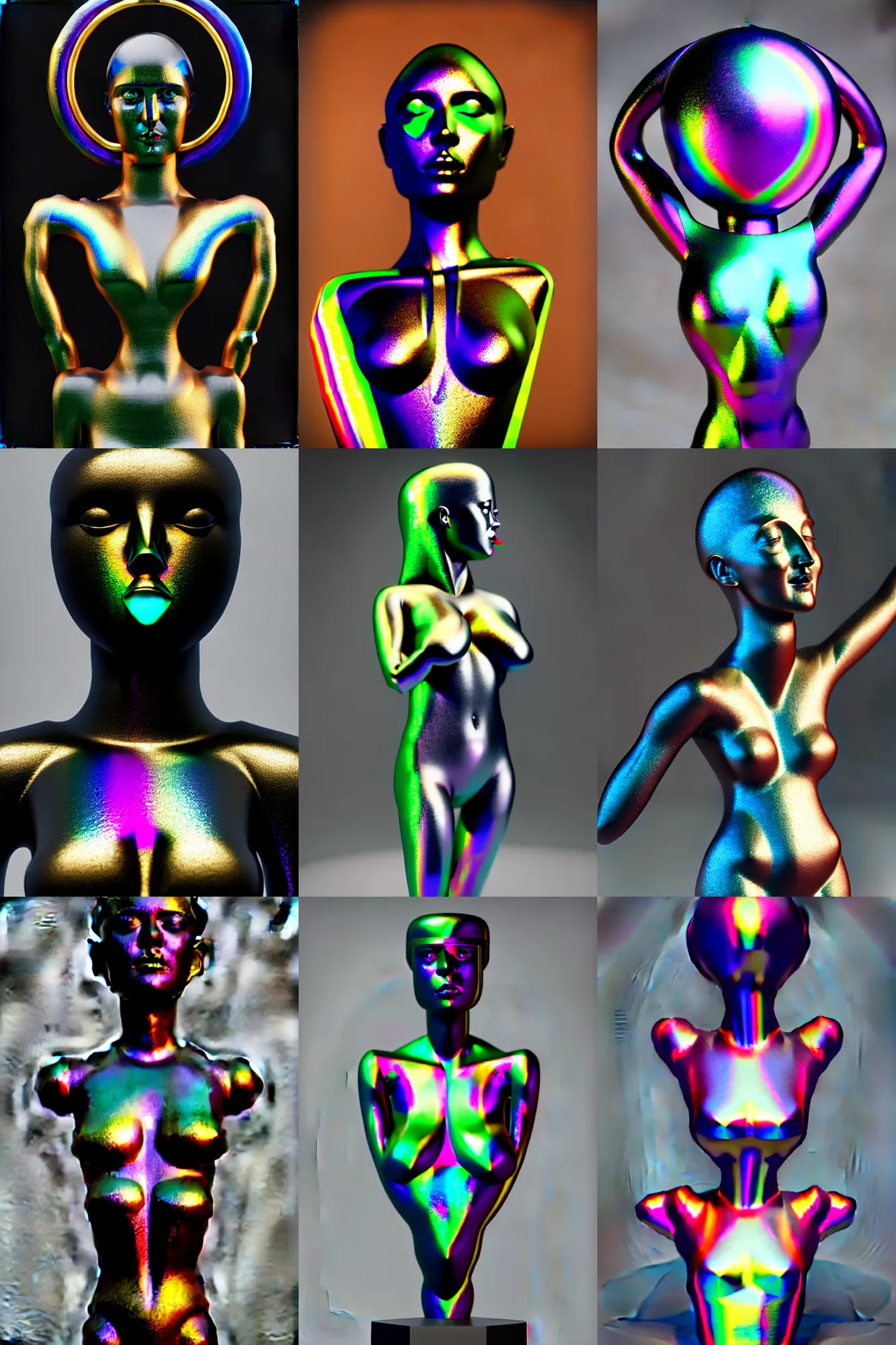 Prompt: metal sculpture, female figure with chest opening up towards the viewer, head splitting open, symmetrical and iridescent glass, rainbow reflections, style of ivan black, jack storms yunchul kim anthony howe, octane render, 4 k