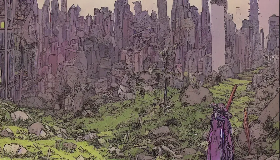 Image similar to ligne claire art of a druid in postapocalyptic city intertwined with nature in the open space, street - level view, by moebius, bright colors, eisner award - winning spread