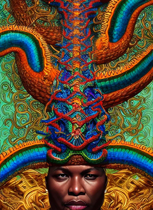 Image similar to : Quetzalcoatl shamen fantasy, fantasy magic, , intricate, sharp focus, illustration, highly detailed, digital painting, concept art, matte, jahbu art and Paul lewin and kehinde wiley, masterpiece