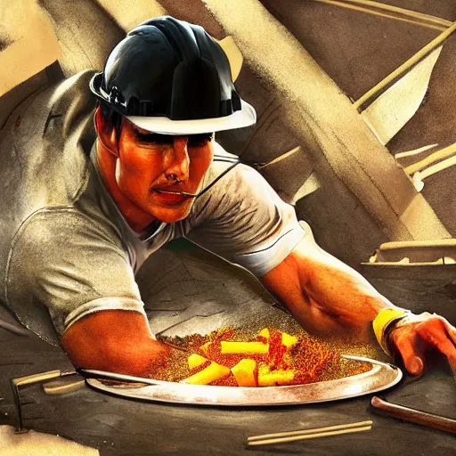 Prompt: tom cruise dressed as a construction worker planting fries, digital art, highly - detailed, artstation cgsociety masterpiece