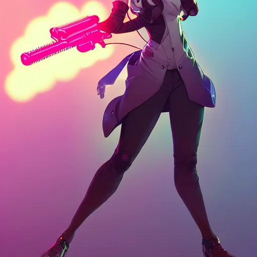 Image similar to a full body character design by artgerm, cushart krenz, ross tran, alphonse mucha. cute mad scientist girl lab coat futuristic shoulder cannon bazooka!! bold outline sharp edges. ultra clear detailed. 8 k. elegant, neon colors, dynamic angle, intricate complexity, epic composition, action pose, cinematic lighting masterpiece