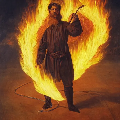 Image similar to a man holding a whip surrounded by an aura of fire