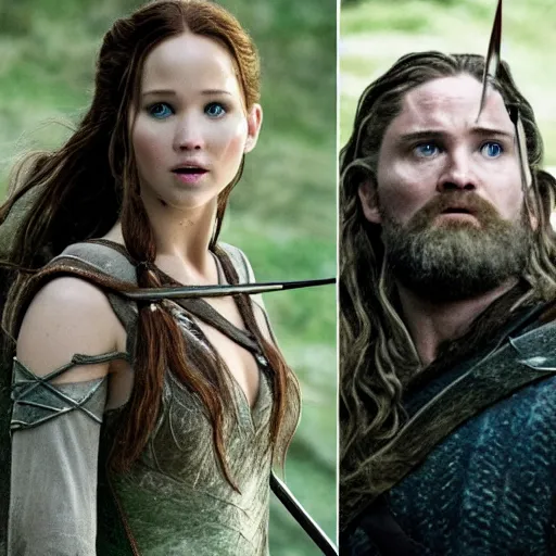 Image similar to first photos of 2 0 2 4 female lotr remake show 3 starts - jennifer lawrence as legolas, megan fox as aragorn and florence pugh as gimli, ( eos 5 ds r, iso 1 0 0, f / 8, 1 / 1 2 5, 8 4 mm, postprocessed, 4 k )