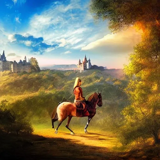 Image similar to a beautiful landscape with a castle, setting sun and a knight on horseback riding towards the viewer via a narrow winding path, epic sky, very realistic and colorful, realism, many details