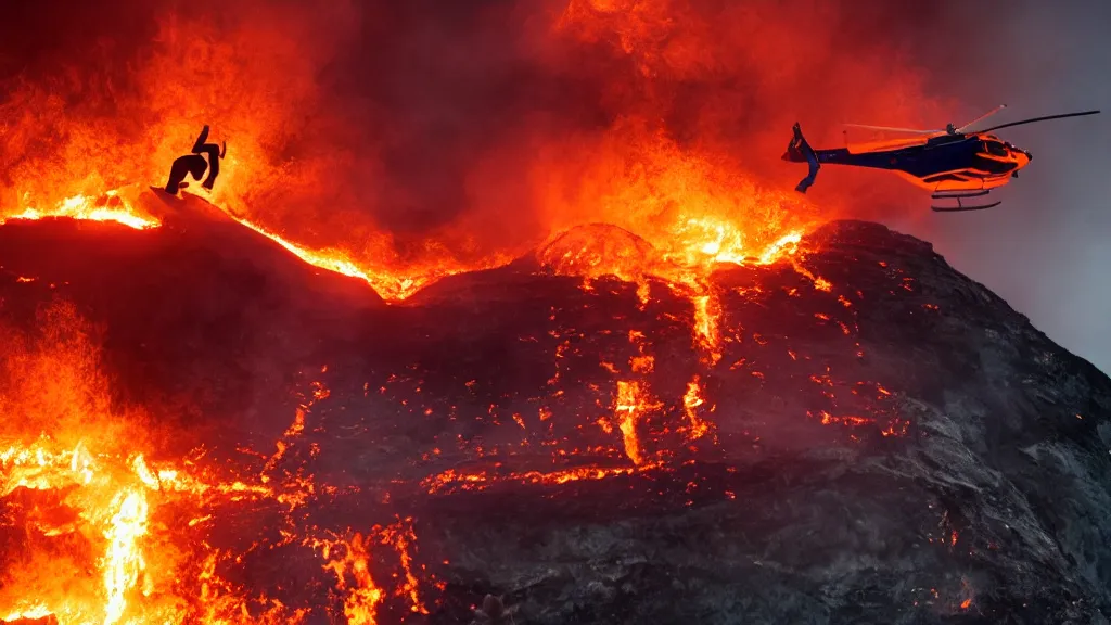 Image similar to person wearing a sponsored team jersey with logos jumping out of a helicopter with a surfboard into a volcano, action shot, dystopian, thick black smoke and fire, sharp focus