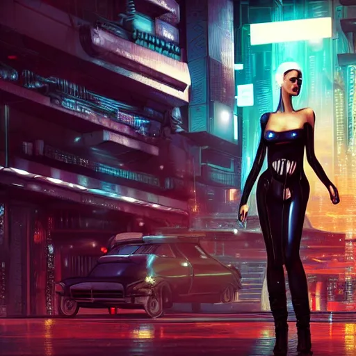 Prompt: a cyberpunk android beautiful woman standing next to a vintage car with large futuristic weaponry, the woman has long flowing hair and bright lipstick. style of blade runner, dark city, twilight zone.