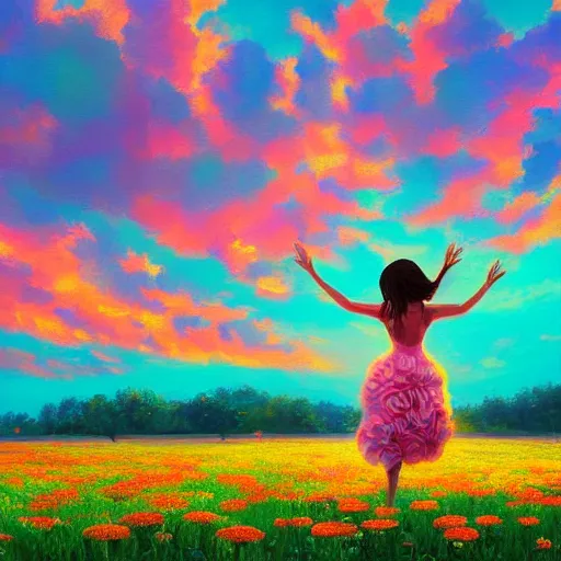 Prompt: head made of giant flowers, girl dancing barefoot in a vast flower field, arms behind back, surreal photography, sunrise dramatic light, impressionist painting, colorful clouds, large sky, digital painting, artstation, simon stalenhag, flower face