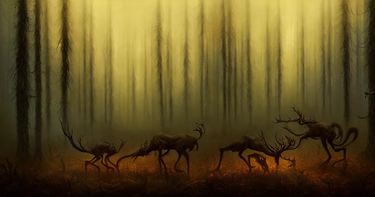 Prompt: epic professional digital art of startling hungry foreboding forest, faint golden moody atmospheric lighting, painted, intricate, detailed, detailed, foreboding, by leesha hannigan, wayne haag, reyna rochin, ignacio fernandez rios, mark ryden, iris van herpen,, epic, stunning, gorgeous, much wow, cinematic, masterpiece.