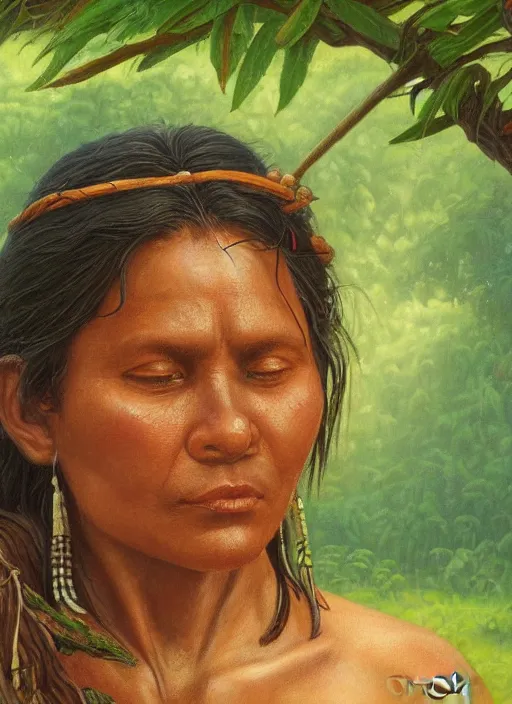 Prompt: a close up portrait of a beautiful indigenous woman harvesting medicinal plants in the jungle, highly detailed, art by christophe vacher