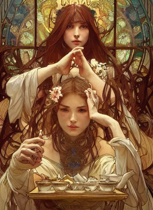 Prompt: the last supper beautiful painting by artgerm and greg rutkowski and alphonse mucha, highly detailed, illustration, epic, fantasy, intricate, hyper detailed, artstation, concept art, smooth, sharp focus, ray tracing, only mens