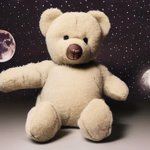 Prompt: Teddybear sitting in bed photorealistic in focus moon an stars in the background dark lighting