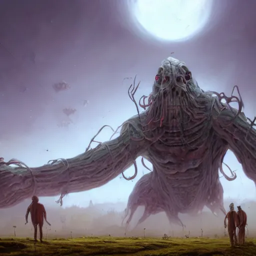 Image similar to a digital painting of a gigantic big enormous humanoid monster standing in the sky, concept art by simon stalenhag and peter mohrbacher cgsociety, vanitas, ominous, lovecraftian, speedpainting, weirdcore. hyper - realistic. photorealistic. octane render. intricate detailed masterpiece. extreme wide shot. realistic shading cinematic dynamic lighting. hdr. ray tracing