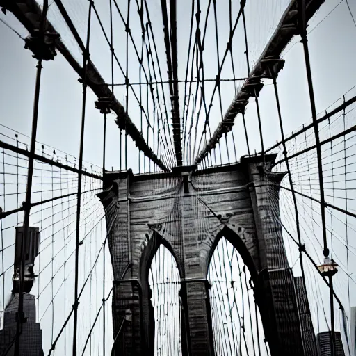 Prompt: photo of giant lizard on the Brooklyn Bridge, 50mm, beautiful photo