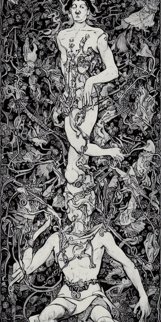 Image similar to the fool tarot, black and white matte painting, James Jean