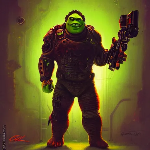 Image similar to lofi biopunk shrek as the doom slayer, pixar style, by tristan eaton stanley artgerm and tom bagshaw.