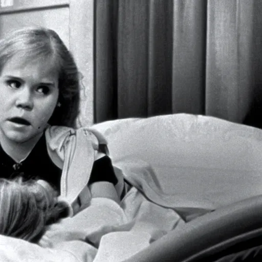 Image similar to young linda blair in the exorcist restrained in a hospital bed