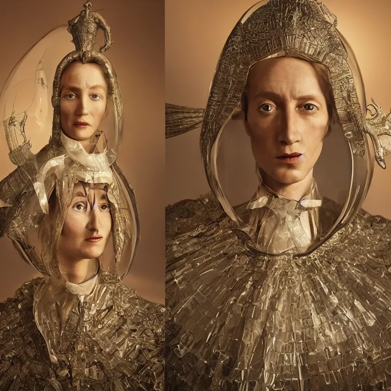 Image similar to octane render portrait by wayne barlow and carlo crivelli and glenn fabry and salvador dali and wes anderson, a 1 4 th century woman in a dramatic period dress made out of clear plastic sheets with a giant iridescent silver shakespeare style collar, cinema 4 d, ray traced lighting, very short depth of field, bokeh