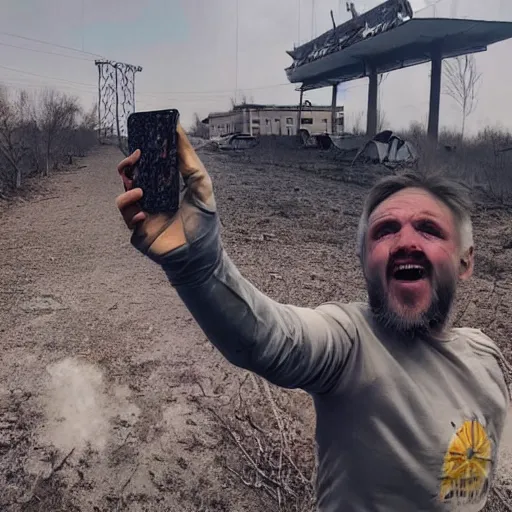 Image similar to 2 0 2 2 last selfie of last alive of frightened funny ukrainian is trying to escape, badly injured from radiation from a huge nuclear explosion, a nuclear missile flies right at him