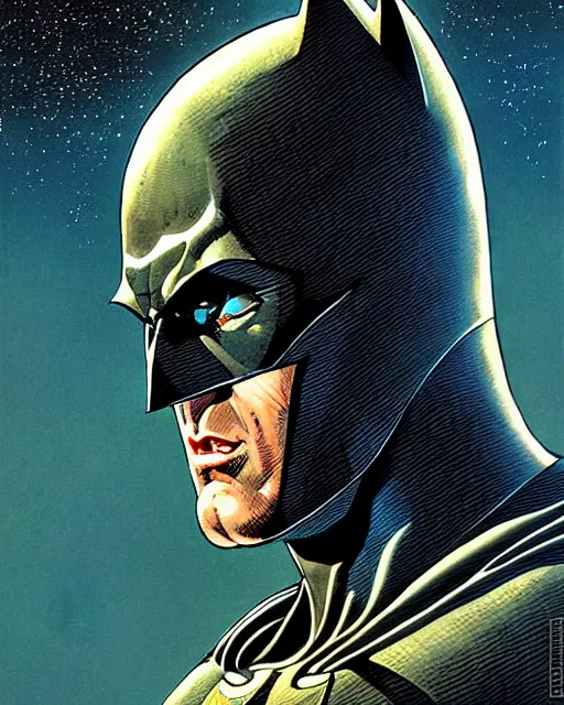 Image similar to batman, character portrait, portrait, close up, concept art, intricate details, highly detailed, vintage sci - fi poster, retro future, vintage sci - fi art, in the style of chris foss, rodger dean, moebius, michael whelan, and gustave dore