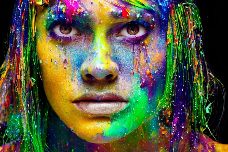 Image similar to a highly detailed cinematic headshot portrait photograph of a woman with a liquid paint headdress, with rainbow paint splash, melting smoothly into other faces, liquid, ultra realistic, beautiful rim lighting, by richard avedon and annie leibovitz and arnold newman, photorealistic, hyperrealistic, octane, high speed camera, zeiss lens, sharp focus, paint splash