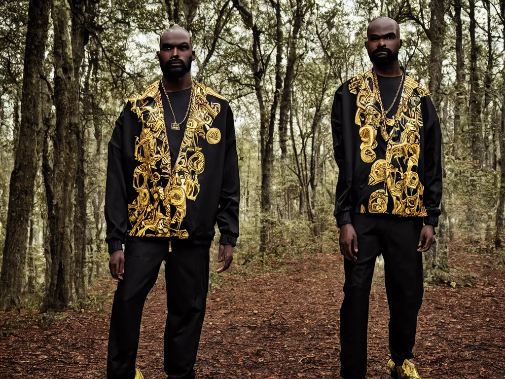 Image similar to versace avant garde male super oversized jacket gold necklace textiles streetwear cyberpunk african american black skin shaved head trimmed beard in the woods overcast late evening dramatic professional color 8 k hdr