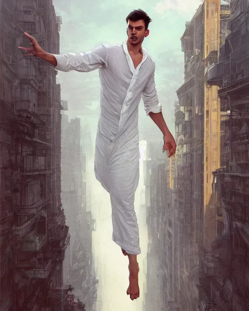 Image similar to wide angle of attractive man wearing a white linen clothes levitating over the street below, arms spread wide, the world ablaze, highly detailed, digital painting, artstation, concept art, smooth, sharp focus, illustration, art by artgerm, greg rutkowski, alphonse mucha, j. c. leyendecker