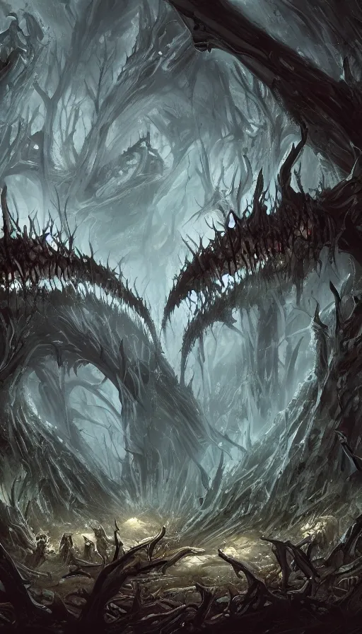 Image similar to a storm vortex made of many demonic eyes and teeth over a forest, by blizzard concept artists