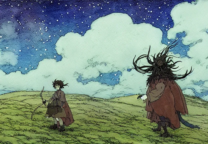 Image similar to a simple watercolor studio ghibli movie still fantasy concept art of a giant shaman from howl's moving castle ( 2 0 0 4 ) on the moors of ireland. it is a misty starry night. by rebecca guay, michael kaluta, charles vess