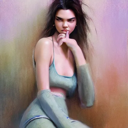 Prompt: fashion model kendall jenner by Ron English by Richard Schmid by Jeremy Lipking by moebius by atey ghailan