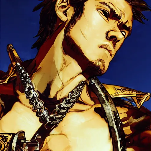 Image similar to portrait of a hero holding his sword in front of his face by yoji shinkawa, high quality, extra details, realism, ornate, colored, golden chain, blood, white skin, short hair, brown eyes, vivid, sunlight, dynamic, american man, freedom, handsome, dynamic lighting, dimensions, dimensional