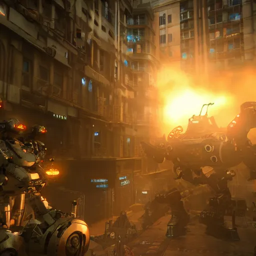 Image similar to 3 rd person game still of a sci - fi steampunk first person shooter game set in an overpopulated city scene with hundreds of fighting mechs, many npcs on the streets, night and bright sun, unreal engine 5