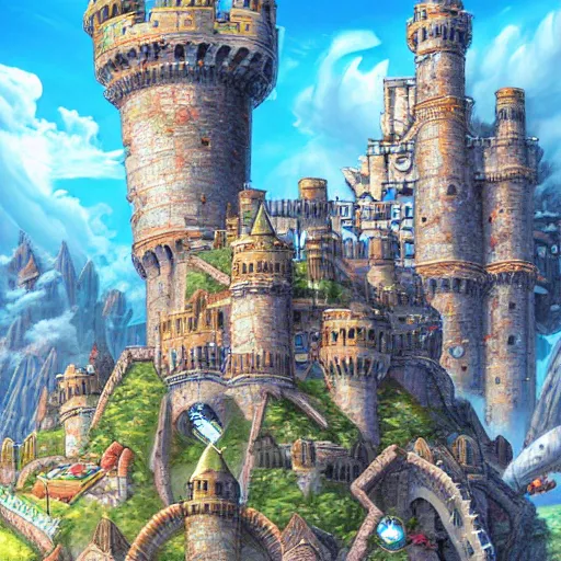 Image similar to Detailed digital illustration close up view on medieval castle fly in the sky Akira Toriyama and Blizzard Concept Artists