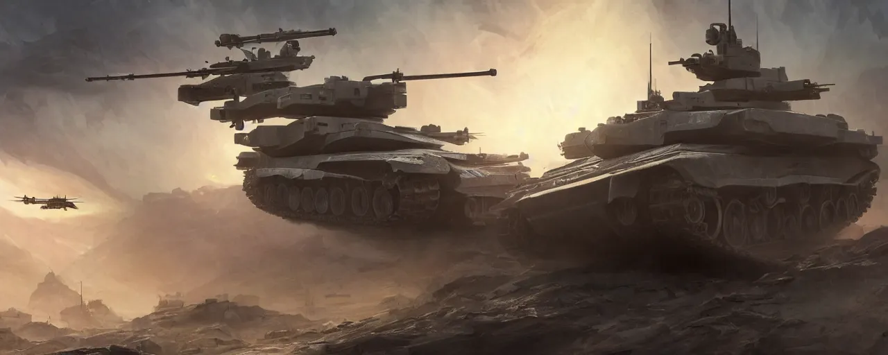 Image similar to main battle tank with double barrel shooting electric and helicopter at war, in the ancient abandoned city epic scene, volumetric lighting futuristic, intricate, highly detailed, digital painting, artstation, concept art, cinematic, smooth, sharp focus, illustration, aurora borealis, unreal engine 5, 8 k, art by artgerm and greg rutkowski and alphonse mucha