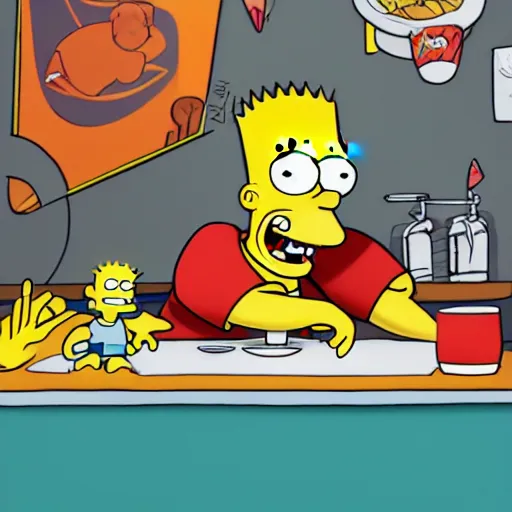 Prompt: Bart Simpson surfing the imaginary wave on the kitchen table at breakfast, by ROSS tran, 4k