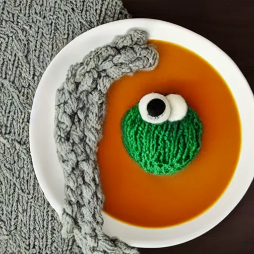 Prompt: a bowl of soup that looks like a monster, knitted out of wool