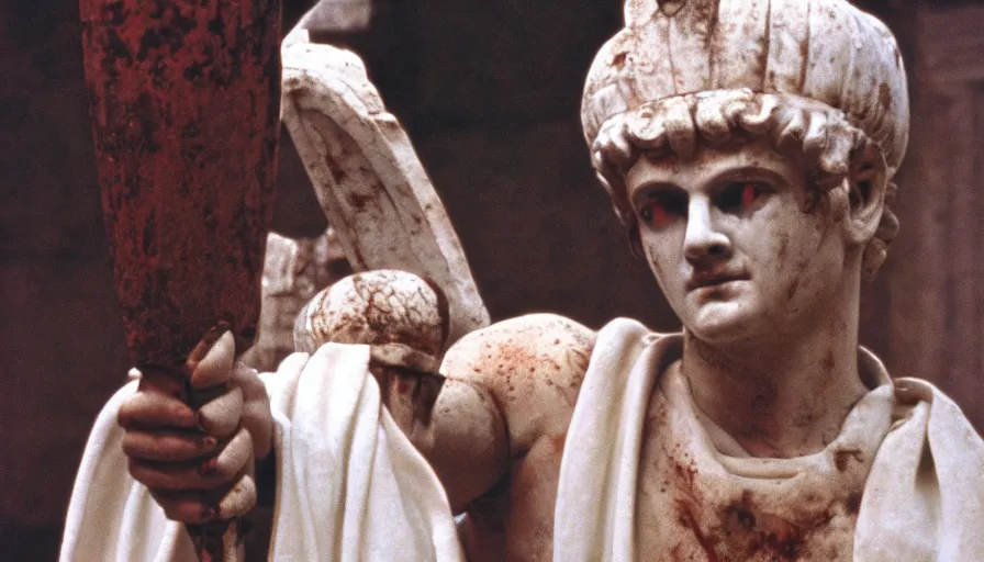 Image similar to 1 9 6 0 s movie still close - up of caligula in a white toga heavy bleed on ancient amphitheater, cinestill 8 0 0 t 3 5 mm, high quality, heavy grain, high detail, dramatic light, anamorphic, blood