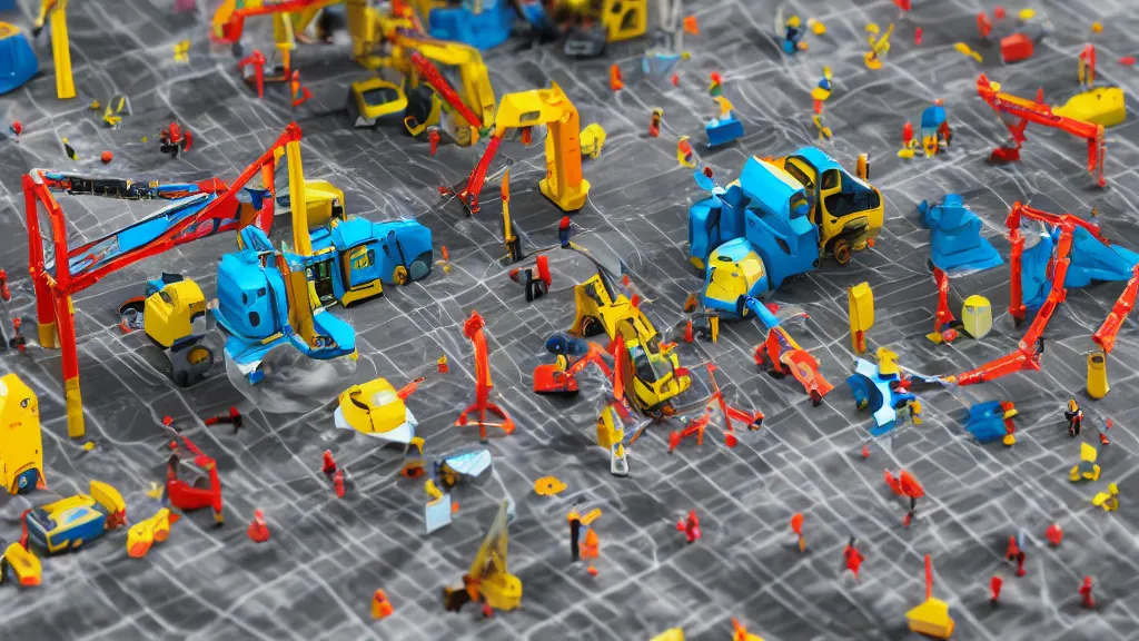 Image similar to a toy construction site, concept art, 3d render, low angle photo