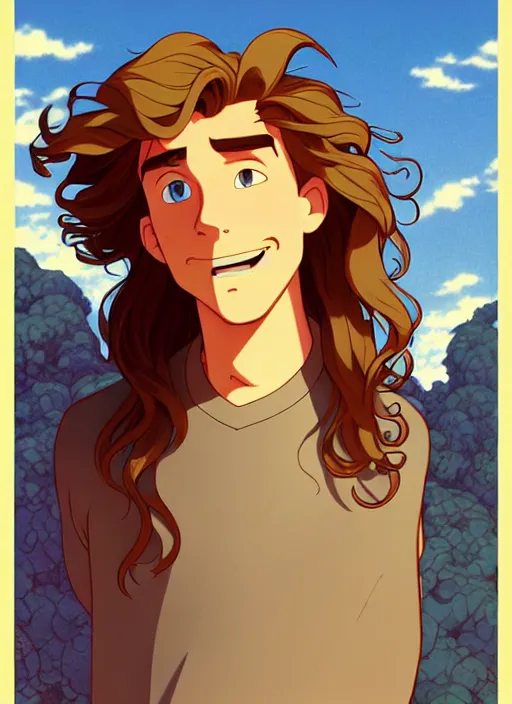 Image similar to young man with long, curly, golden hair, aquamarine eyes, natural lighting, path traced, highly detailed, high quality, cartoon, digital painting, by don bluth and ross tran and studio ghibli and alphonse mucha