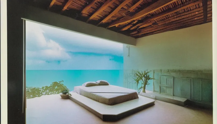 Prompt: A 1985 magazine architecture photo of a bedroom, mediterranean architecture, refracted lines and sparkles, thunderstorm outside, beach and Tropical vegetation on the background major arcana sky and occult symbols, hyperrealistic 8k uhd, award-winning, 1985