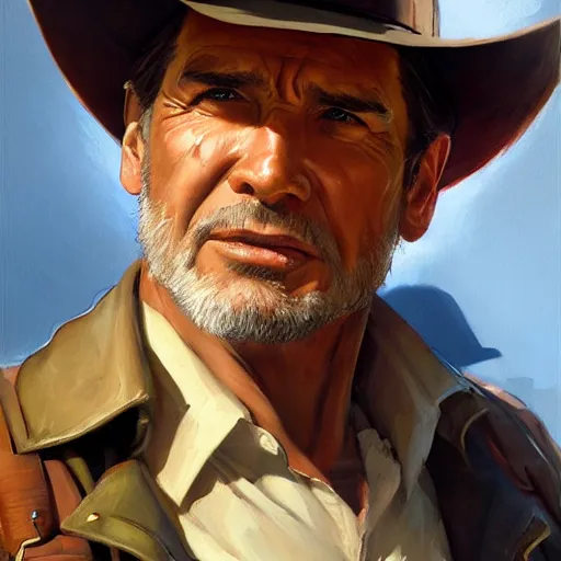 Image similar to greg manchess portrait painting of partially armored indiana jones as overwatch character, medium shot, asymmetrical, profile picture, organic painting, sunny day, matte painting, bold shapes, hard edges, street art, trending on artstation, by huang guangjian, gil elvgren, ruan jia, randy vargas, greg rutkowski