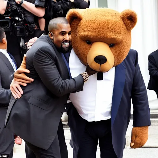 Prompt: kanye west giving donald trump a big bear hug in front of the white house while kanye smells trumps hair