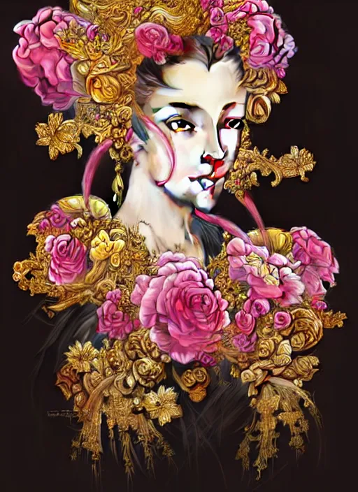 Image similar to beautiful black pink yellow, complicated gold and pink flowers in baroque style headwears, dark fantasy, intricate, elegant, highly detailed, digital painting, artstation, highly saturated colors, concept art, matte, 3 d 8 k octane rendered, sharp focus, illustration, octane rendered, art by artgerm and alphonse mucha, leesha hannigan