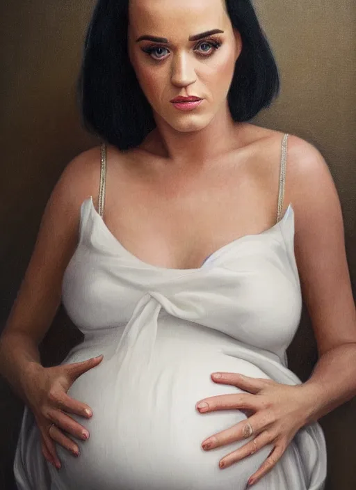 Image similar to cinematic portrait of pregnant katy perry in a white dress, intricate, elegant, by alyssa monks, highly detailed, smooth, sharp focus symmetrical face, fine details, masterpiece, trending on artstation