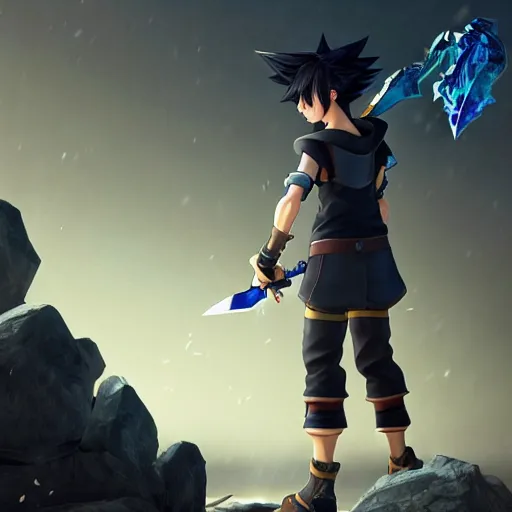 Prompt: a dark haired boy wielding a lance. character design. gesture drawing. line of action. official art, unreal engine 5, unreal engine. tetsuya nomura. kingdom hearts. medium shot. coherent. ray tracing hdr. 8 k. uhd. sharp focus. highly detailed. masterpiece. anime render. cinematic lighting. lifelike.