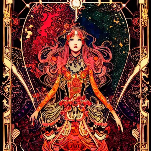 Image similar to jisoo + blackpink + elements + red + gold + neon + baroque + rococo + white + orange + ink + tarot card, ornate + by marc simonetti, paul pope, peter mohrbacher, detailed, intricate ink illustration + damask + award winning + 8 k