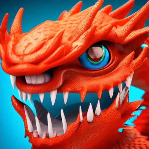 Image similar to closeup 3 d toy chinese bestiary dragon as funco toy, war cry, plastic, sss, octane 4 k render, studio lighting, artstation, cyan photographic backdrop, 1 0 5 mm, f 2. 8 aperture