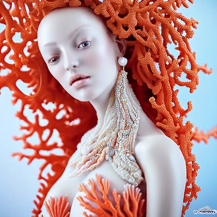 Image similar to photo portrait of a beautiful woman like a nynph-sea-angel, dressed in long elegant intricate ornamental coral and shells white dress, natural skin tone, intricate fractal highly detailed coral and shells ornament in the upper side of breast, bust with a very long neck , elegant, highly detailed intricate coral and shells ornament in her blond long hair, Realistic, Refined, Highly Detailed, Cinematic Lighting, fine art photography by Paolo Roversi, volumetric lighting, hyper realistic photography, dramatic colors scheme