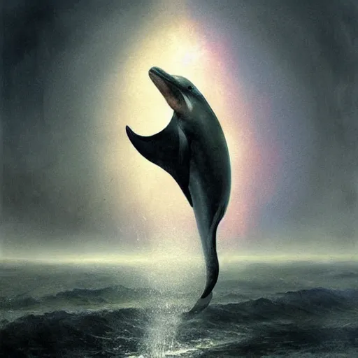 Image similar to a hyper realistic painting of the grim reaper riding a dolphin jumping over a rainbow, death, black cloak, by greg rutkowski and santiago caruso,