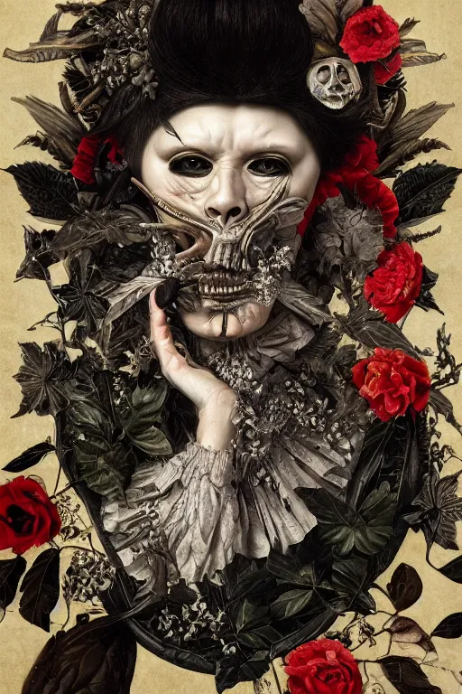 Prompt: Detailed maximalist portrait with large lips and with large white eyes, angry, exasperated expression, extra fleshy hands, high fashion, botanical bones, HD mixed media, 3D collage, highly detailed and intricate, surreal illustration in the style of Caravaggio, dark art, baroque